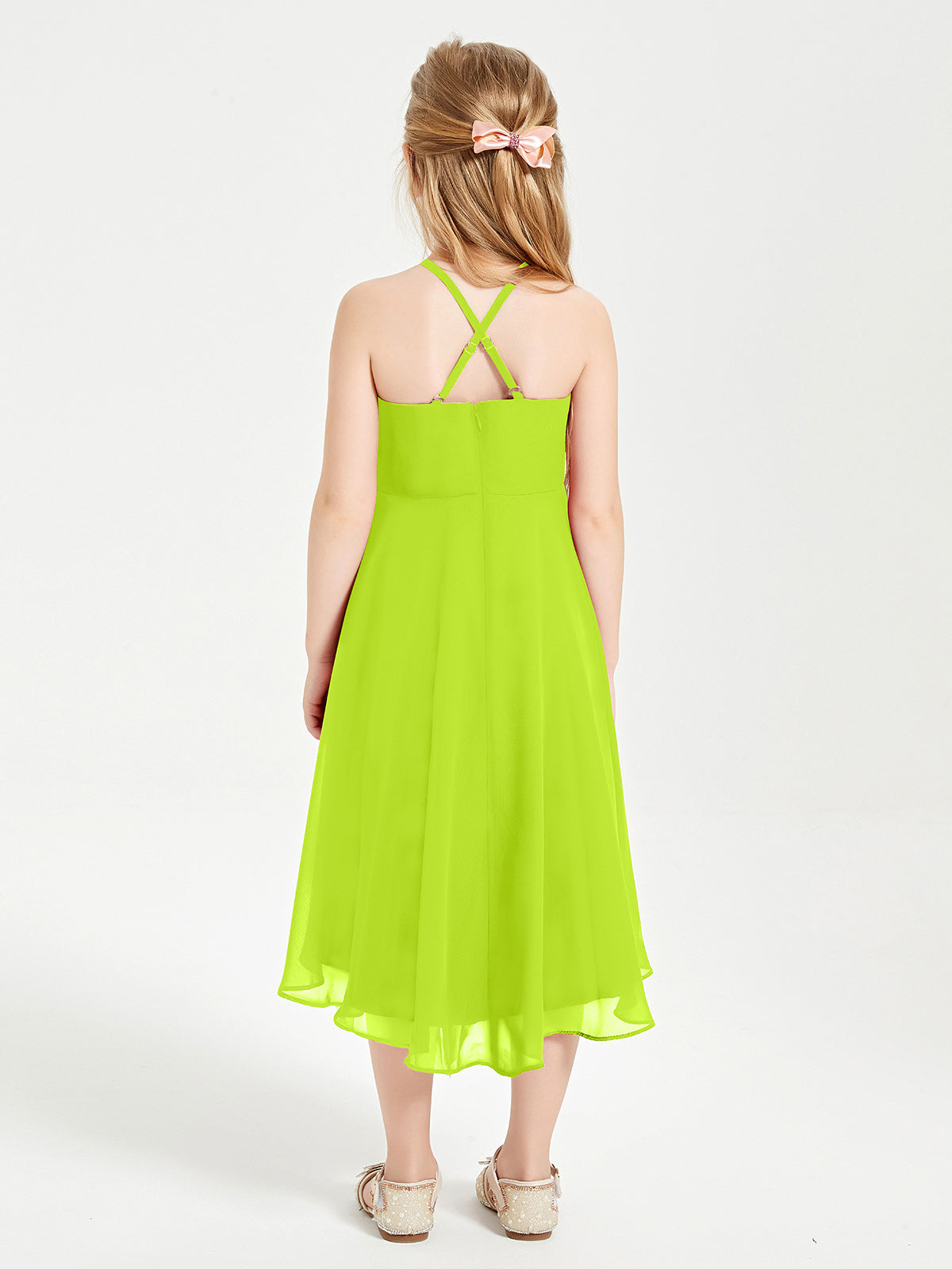Tea Length Junior Bridesmaid Dresses with Asymmetrical Skirts Lime Green